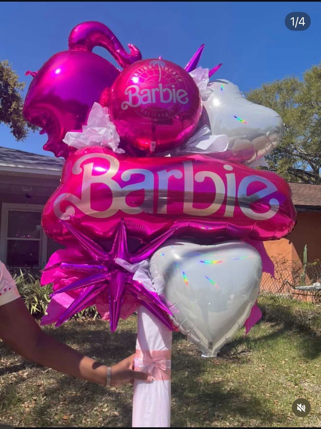 Pink Barbie-themed foil balloon bouquet